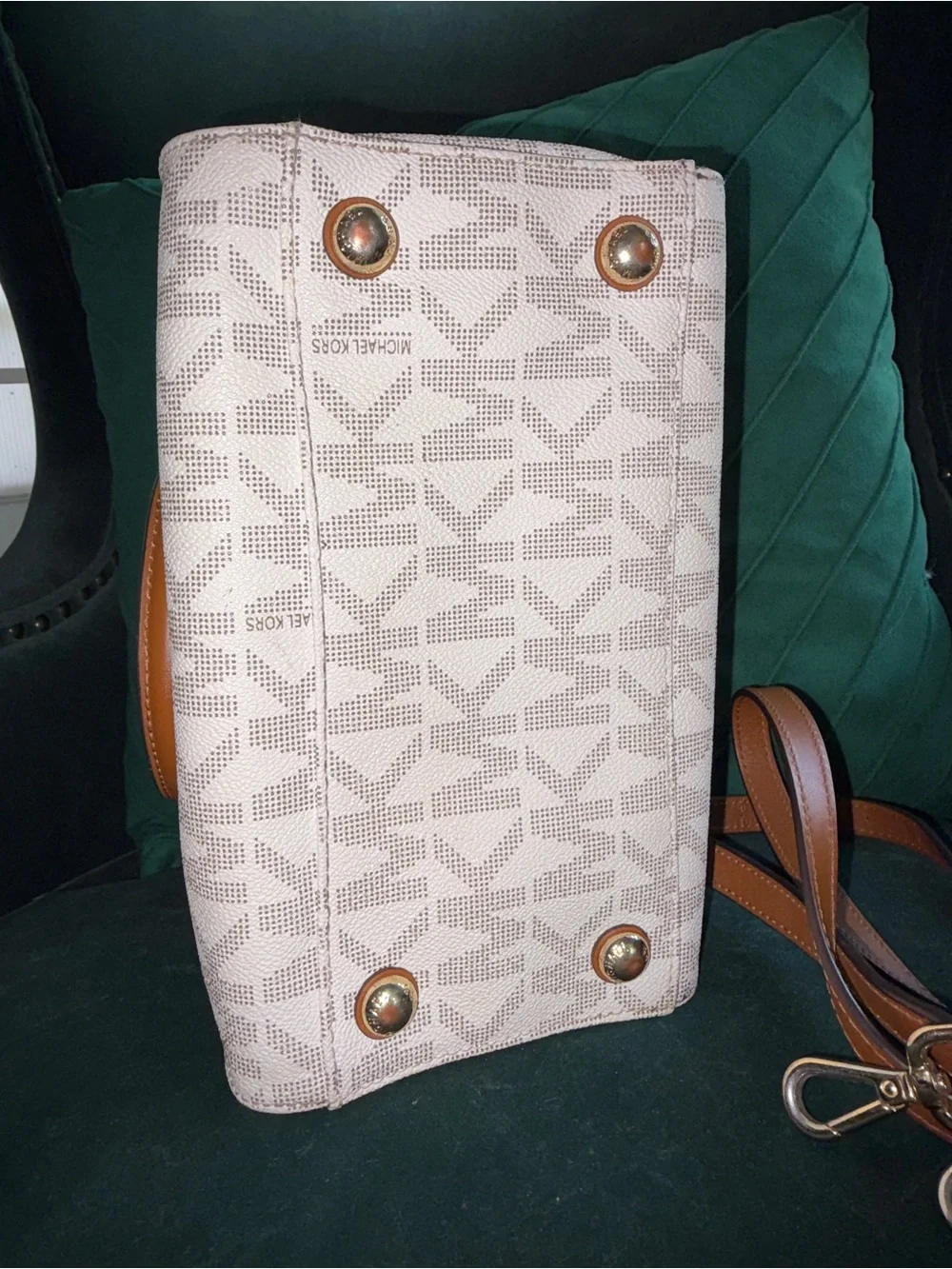 Michael Kors Hudson Satchel & Crossbody in Cream Logo with Brown Leather Trim